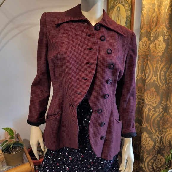Vtg 1940s Burgundy and Black Blazer Asymmetrical Virgin Wool Miron Woolens - Picture 11 of 14